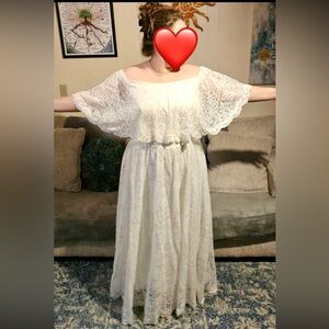 Off the Shoulder, Lace, Ivory Boho Wedding Dress - Size 16